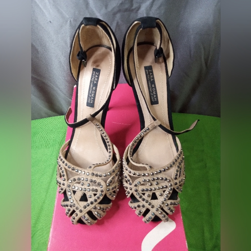 Zara Black and Tan Studded buckle Strap High Heels